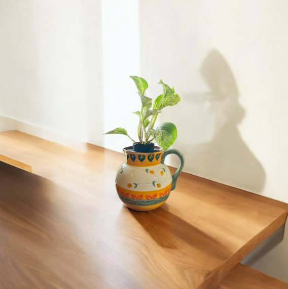 Folk Art Pottery Wide Tulip Pitcher Planter with Marble Queen Pothos Plant