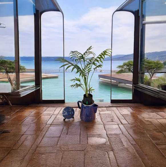 Self-Watering Blue Enamelware Kettle Planter with Parlor Palm