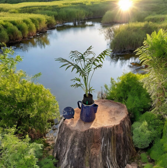 Self-Watering Blue Enamelware Kettle Planter with Parlor Palm
