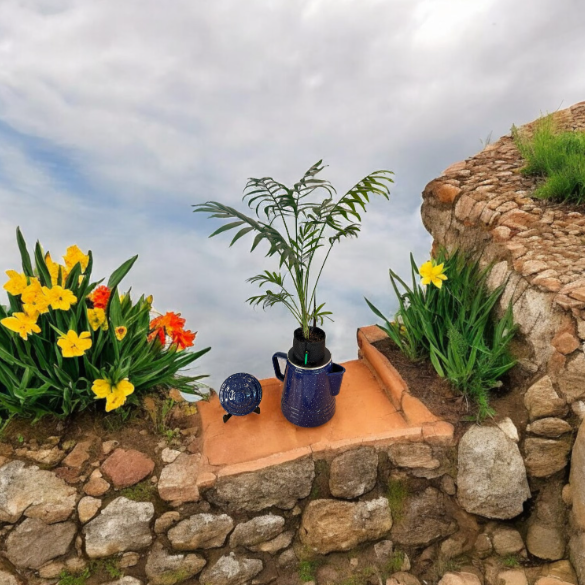 Self-Watering Blue Enamelware Kettle Planter with Parlor Palm