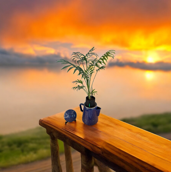 Self-Watering Blue Enamelware Kettle Planter with Parlor Palm