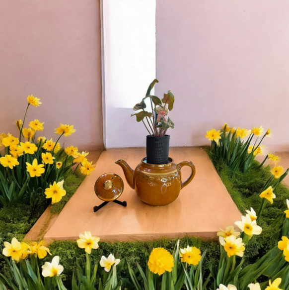 Vintage Burnt Orange Teapot Planter with Arrowhead Plant