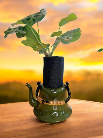 Vintage Olive Green Enamelware Teapot Planter with Prayer Plant