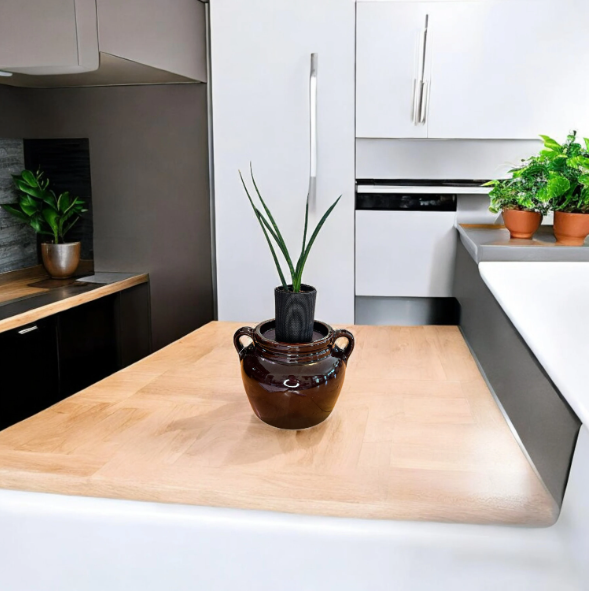 Vintage Stoneware Bean Crock Planter with Snake Plant