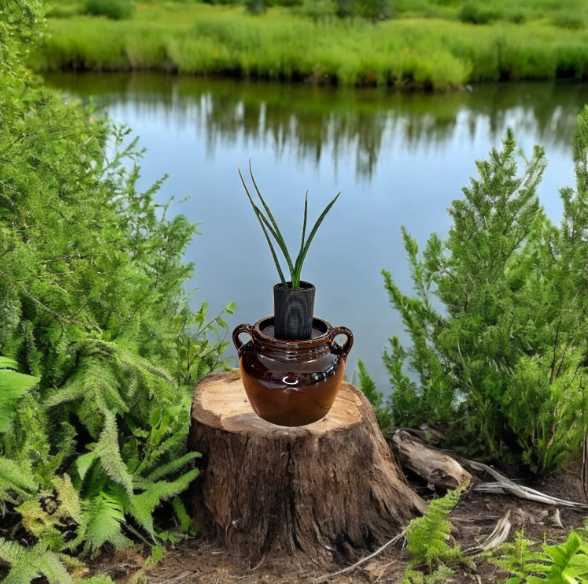 Vintage Stoneware Bean Crock Planter with Snake Plant