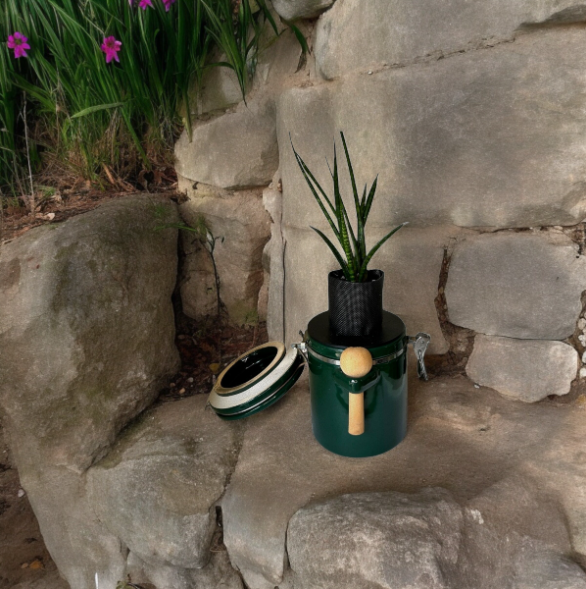 Green "The Market Place" Baking Canister Self Watering Planter with Snake Plant
