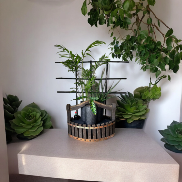 Wood Basket Trellis Planter with Trio of Lush Plants