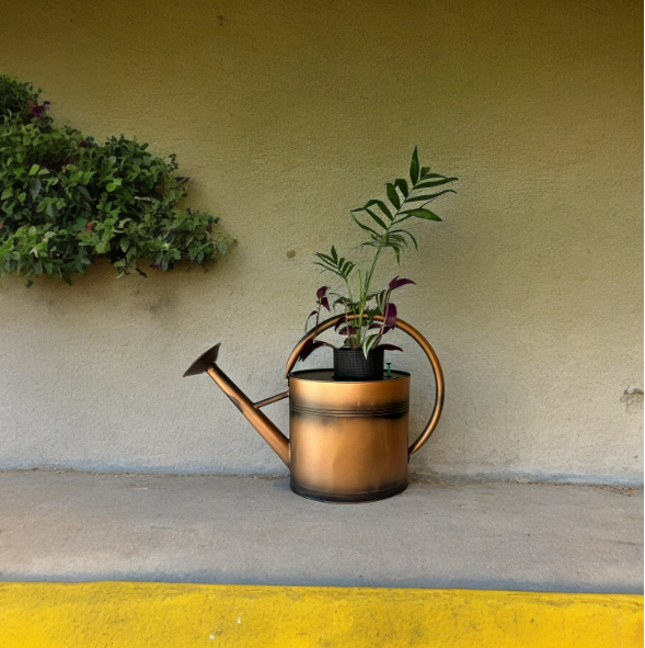 Copper Watering Can Planter with Lush Tradescantia & Parlor Palm Plants