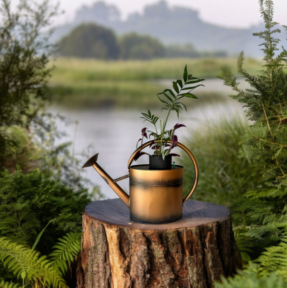 Copper Watering Can Planter with Lush Tradescantia & Parlor Palm Plants
