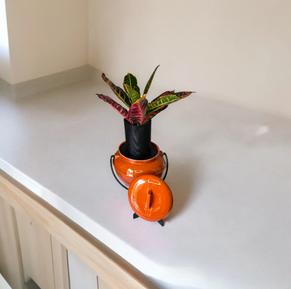 Vintage California Pottery 702 Rust Orange Bean Pot Planter with Croton Plant