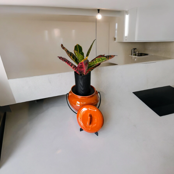 Vintage California Pottery 702 Rust Orange Bean Pot Planter with Croton Plant