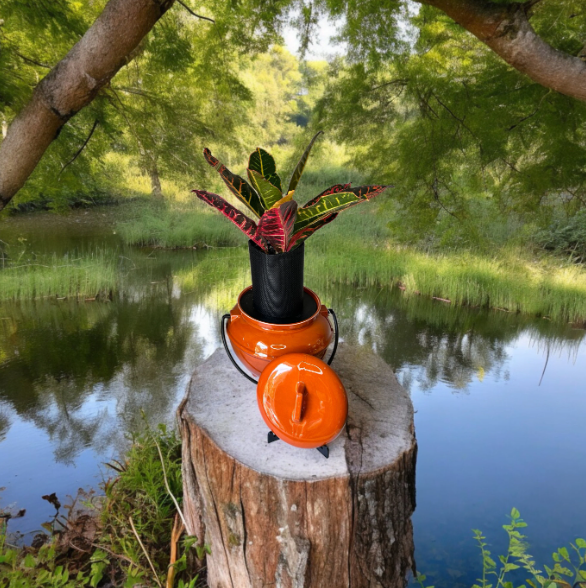 Vintage California Pottery 702 Rust Orange Bean Pot Planter with Croton Plant