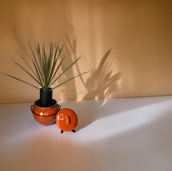Vintage California Pottery 702 Rust Orange Bean Pot Planter with Dracaena Plant