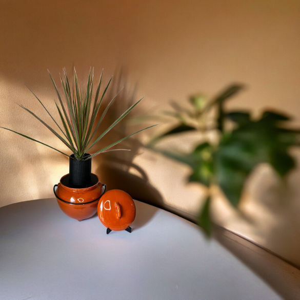 Vintage California Pottery 702 Rust Orange Bean Pot Planter with Dracaena Plant