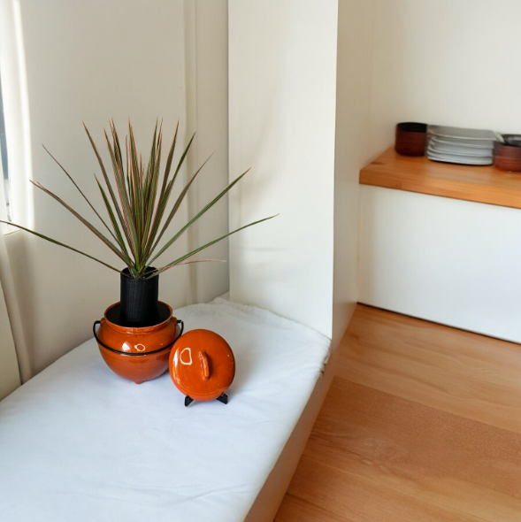 Vintage California Pottery 702 Rust Orange Bean Pot Planter with Dracaena Plant