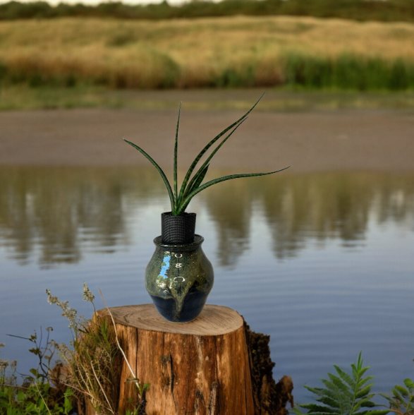 Handcrafted Drip Glaze Pottery Planter with Snake Plant