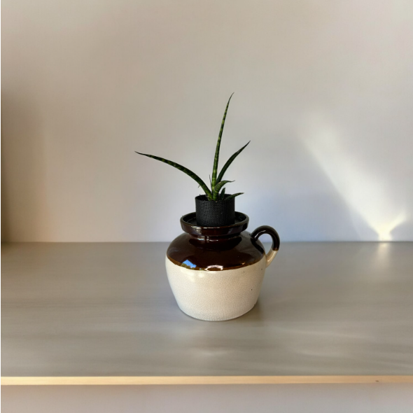 Vintage Roseville Brown & Tan Stoneware Bean Crock Planter with Snake Plant