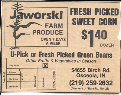Ad for Jaworski Farm Produce Osceola Indiana